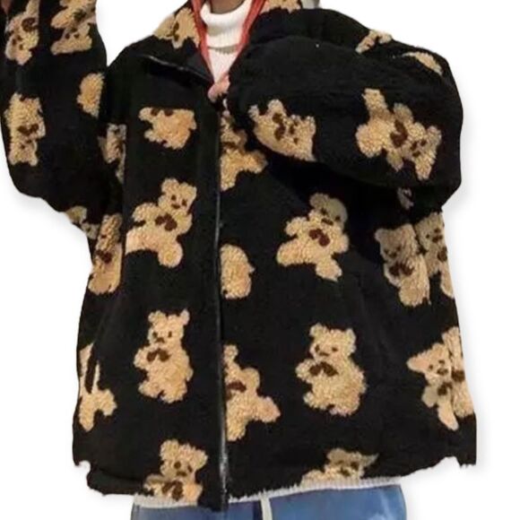 Black Puffer Coat Reversible Brown Teddy Bears Fleece Winter Outerwear - Picture 2 of 4